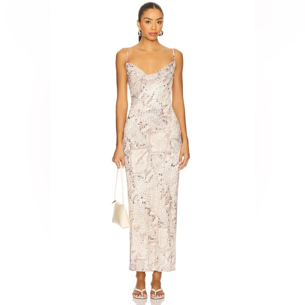 Cowl Neck Snake-Print Slip Dress in Beige